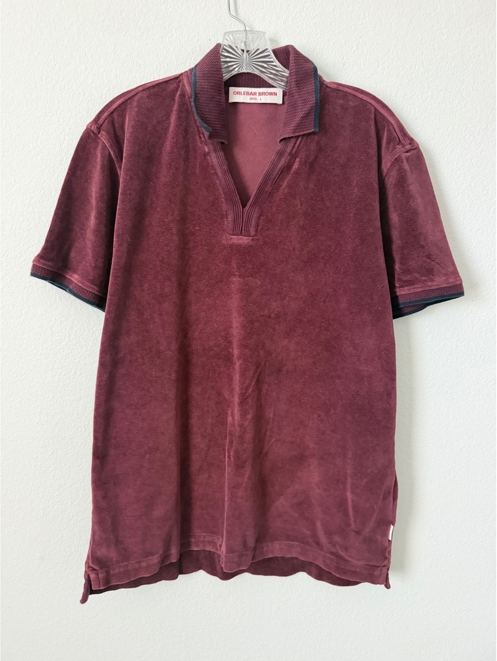 Orlebar Brown Short Sleeve Collared V-Neck Burgundy Velour Polo Shirt Size L